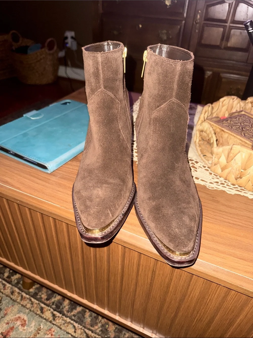Vince Camuto Brown Suede Ankle Boots with Gold Toe Accent